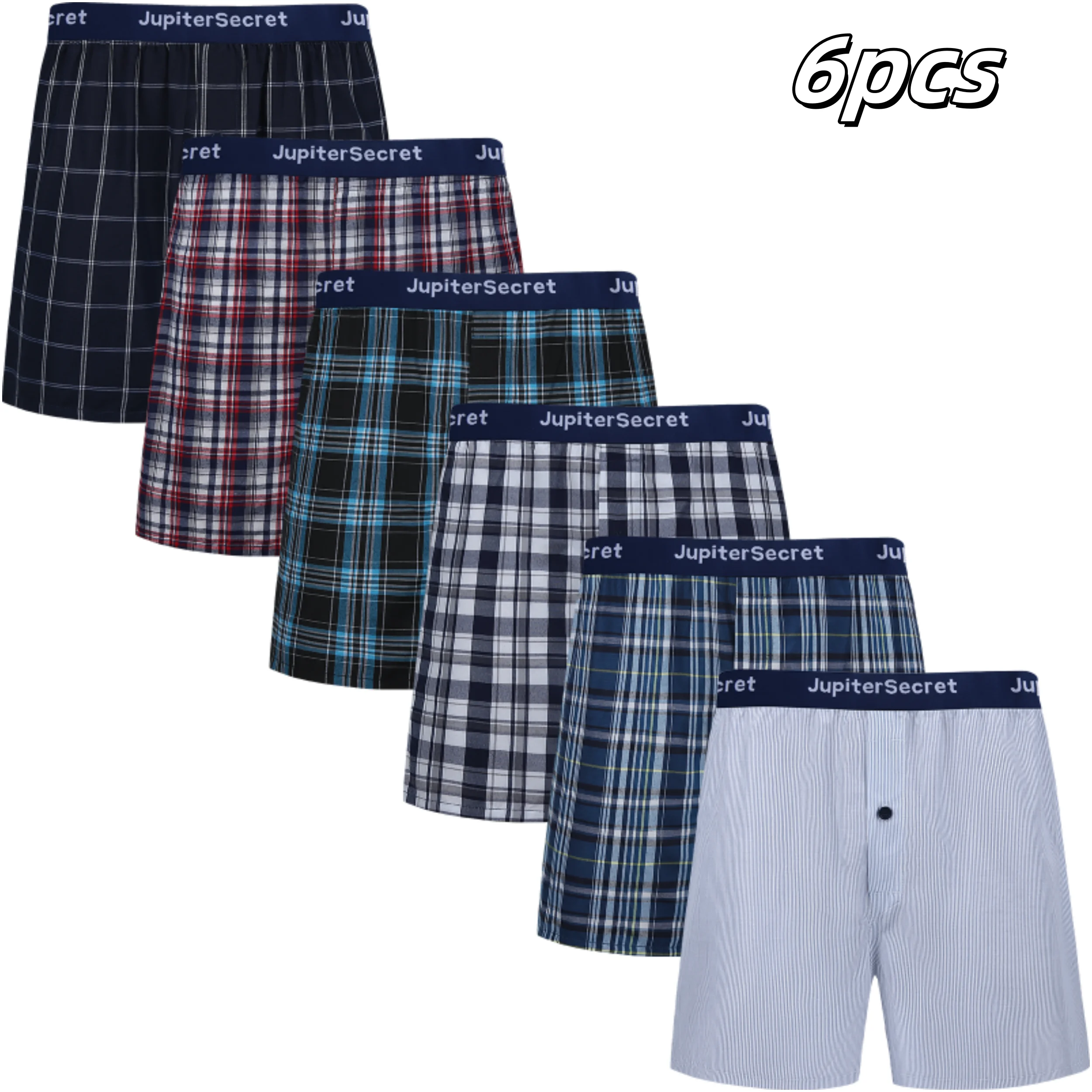 JupiterSecret 6pcs Men's Underwear Boxer Shorts Loose Plaid Woven Elastic Waistband Male Underpants Homewear Random Colors