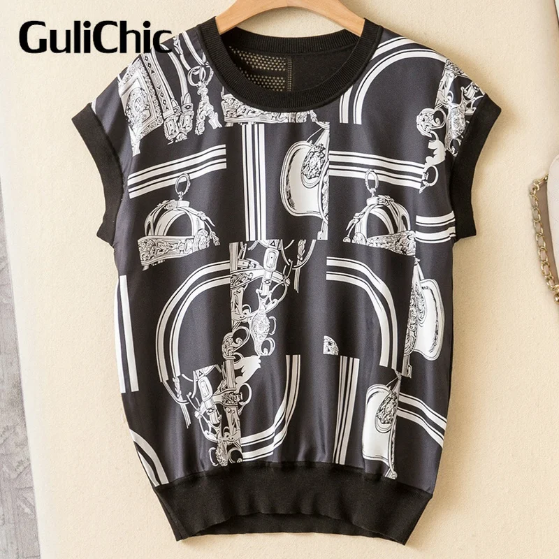 4.26 GuliChic Geometric Pattern Print Tees Women Crew Neck Raglan Short Sleeve 100% Silk Spliced Knit Hollow Out Design T-Shirt