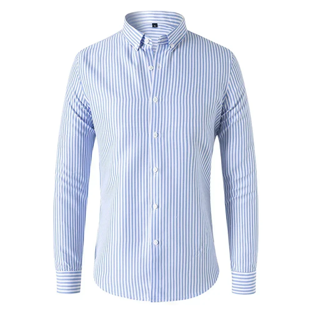 Mens Long Sleeve Striped Button Shirt Business Baggy Tops Casual Lapel Shirt Slim Fit Formal Breathable Solid Men's Shirts