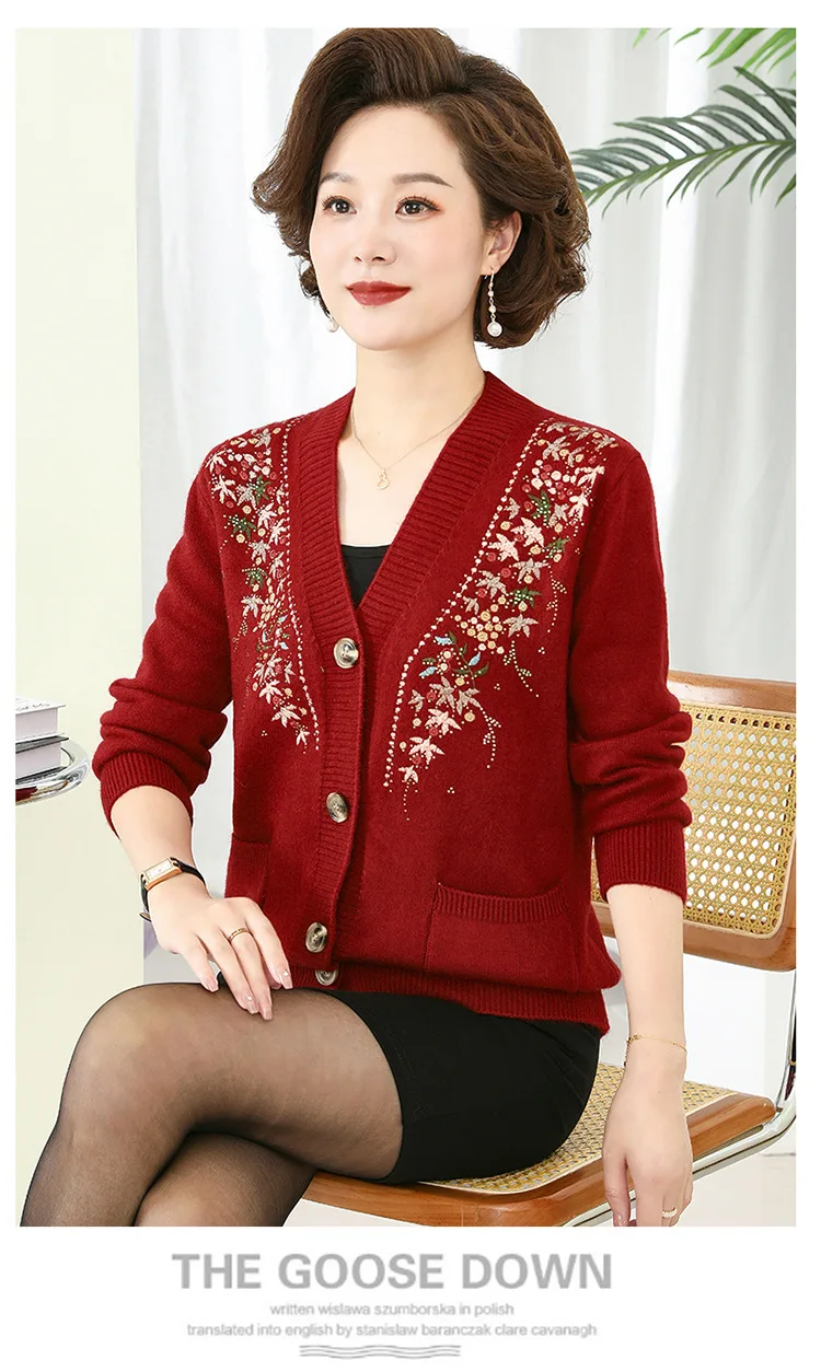 Spring Autumn Women\'s Knitted Cardigan Jacket Long Sleeve Loose V-Neck Button Sweaters Coat Retro Middle Aged Mother Clothing