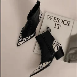 2025New Fashion Pointed Thick Heel Leopard Pattern Color Block Mid Heel Boots Personalized Side Zipper Mid Cap Boots