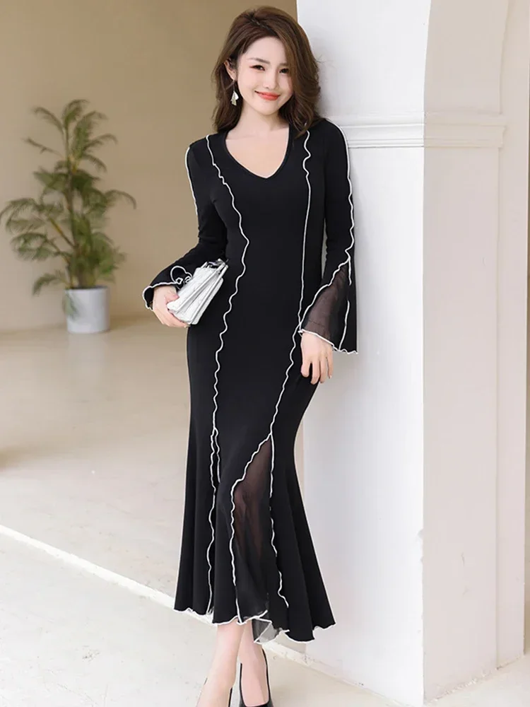 

Spring Maxi Dresses for Women 2023 Elegant Sexy Black Panelled Sheer Mesh Ruffles Trumpet Long Robe Female Street Party Vestido