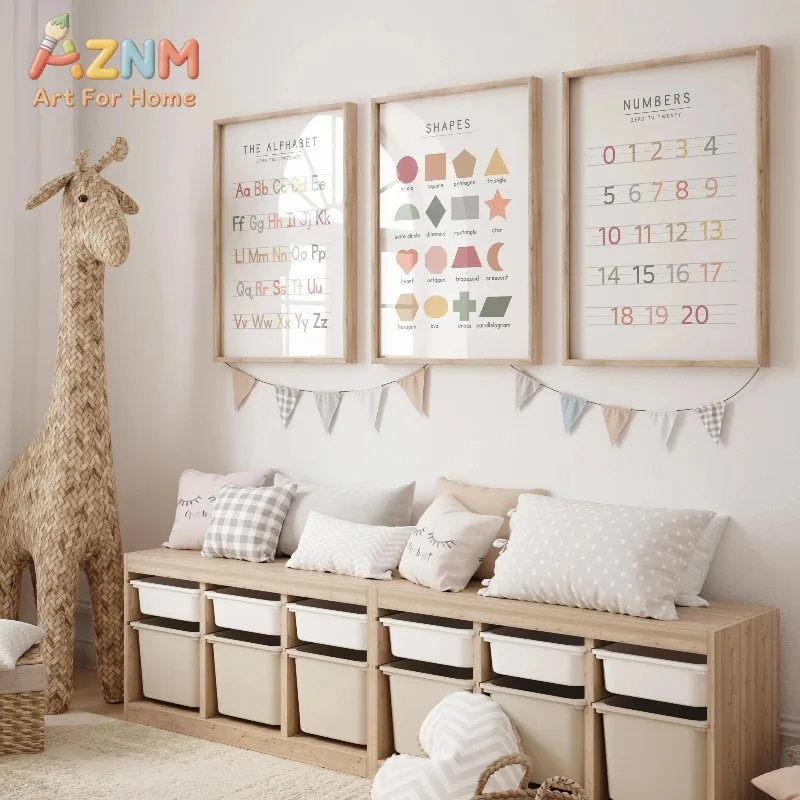 3pcs Gender-Neutral Alphabet and Number Learning Art Posters Educational Frameless Canvas Art for Children's Room and Home Decor