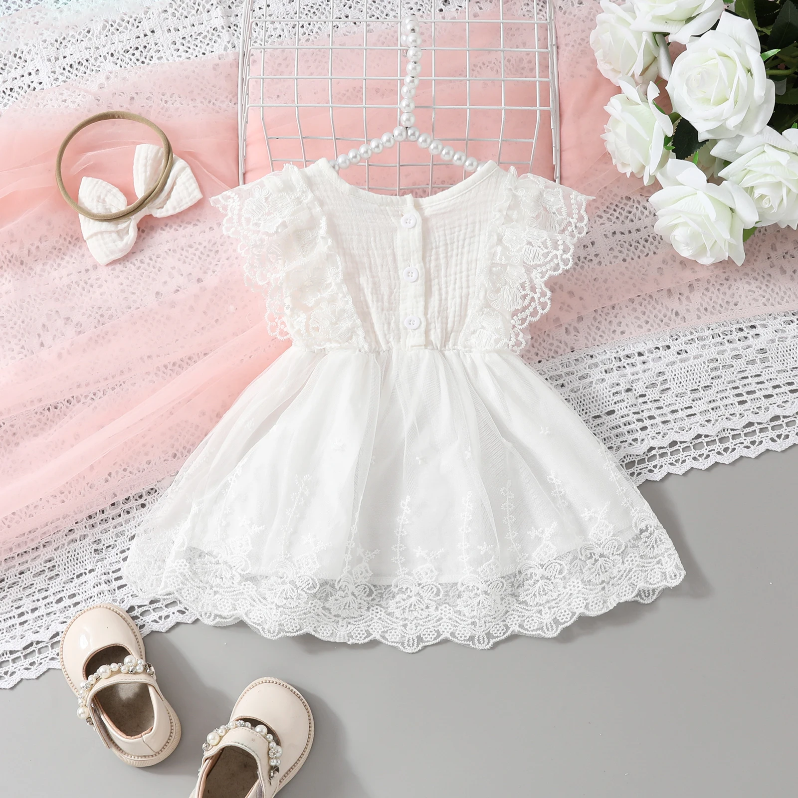 Infant Baby Girl Cotton Linen Baptism Dress with Headband Summer Birthday Party Short Sleeve Lace Flower Embroidery A-Line Dress