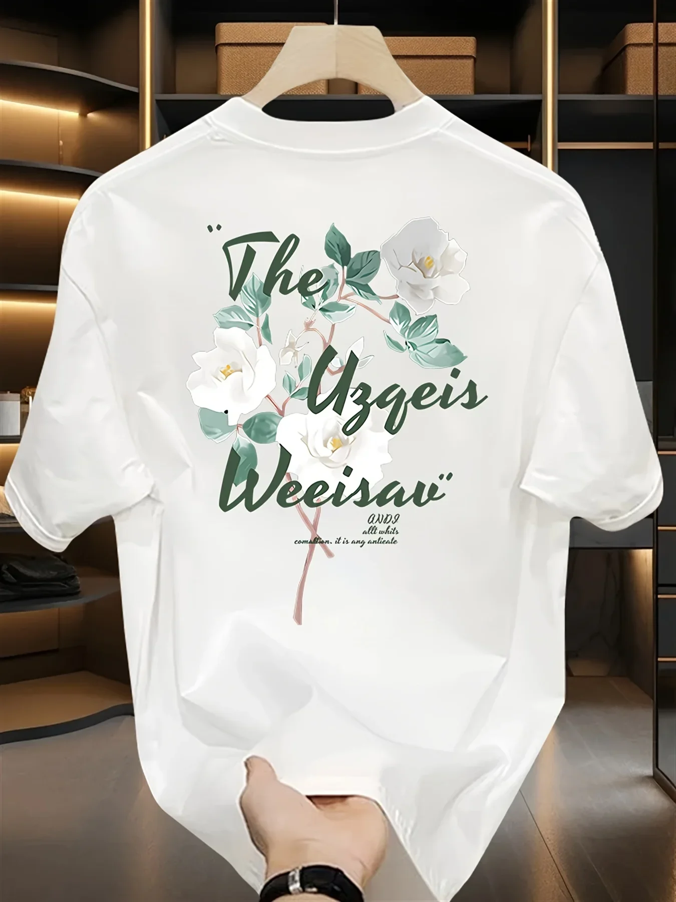 Men's 100% Cotton T-shirt, Simple Washed Camellia Print. Loose Fit, Soft and Comfortable for Everyday Wear