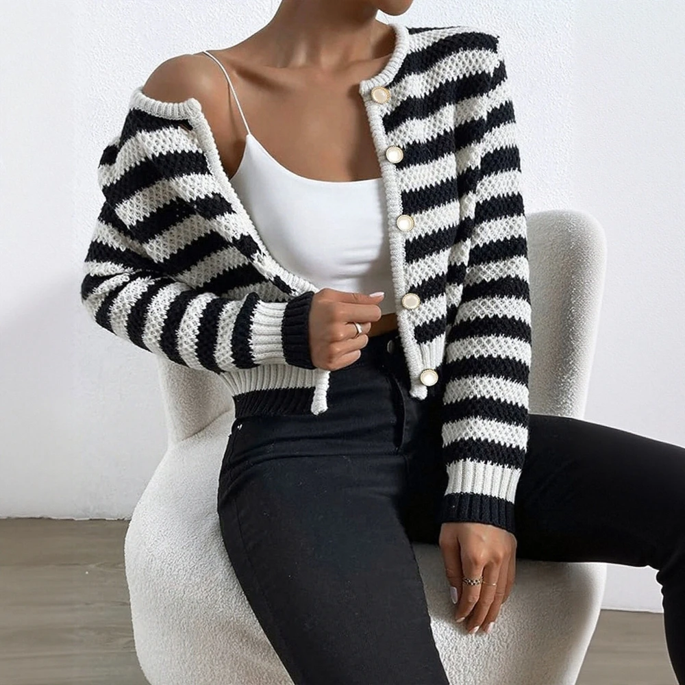 

Женский корейский базовый вязаный кардиган, осеннее однобортное повседневное пальто контрастного цвета в полоску с длинными рукавами и круглым вырезом