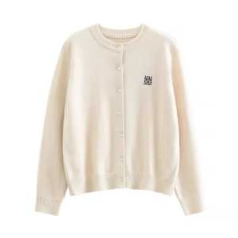 

Вязаный кардиган с вышивкой и круглым вырезом для женщин, весна-осень 2024, новый свободный вязаный топ с длинными рукавами