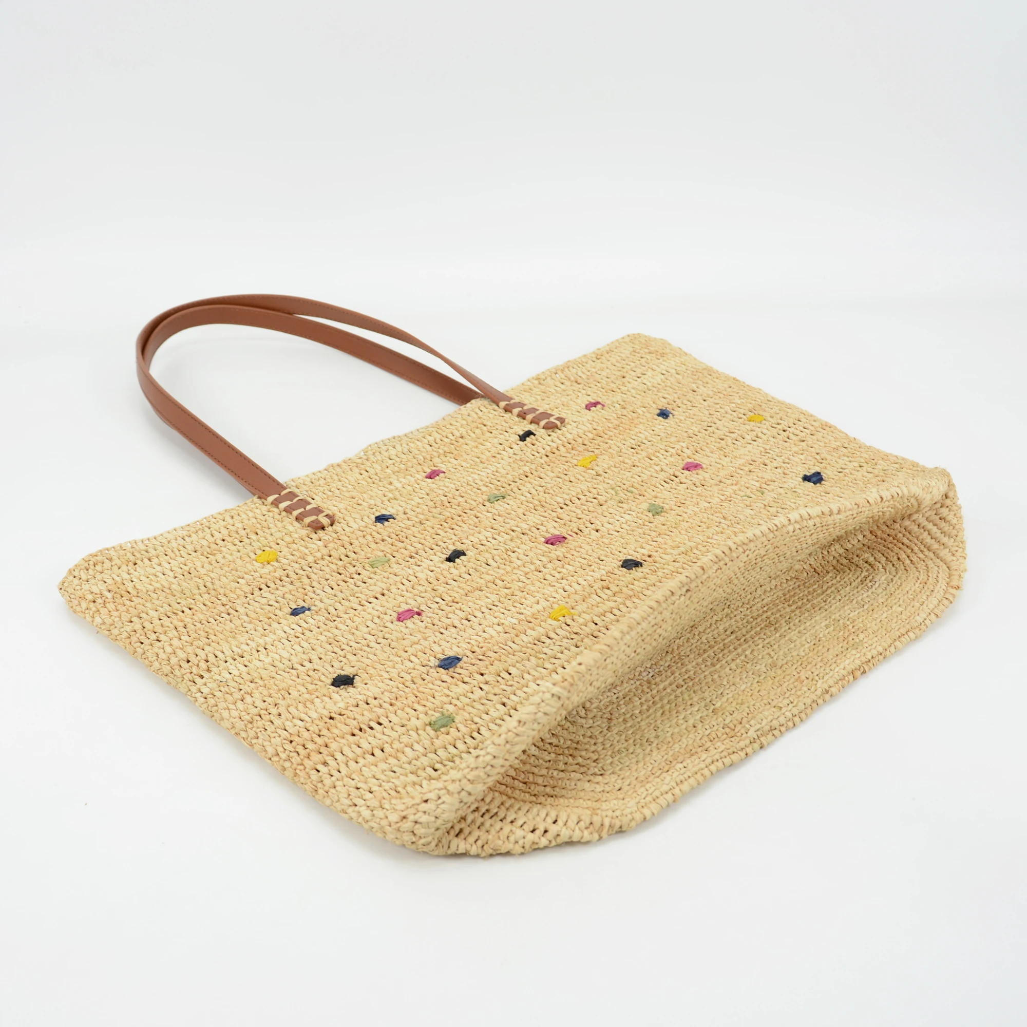 Crocheted Natural Raffia Shoulder Bag With Nappa Leather Handles Florence Shoulder Bag