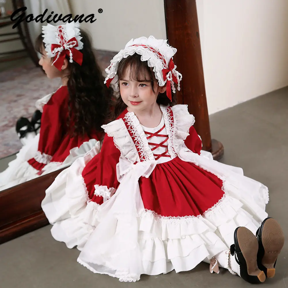 Original High End Heavy Baby Girls Spanish Lolita Princess Dress Kids 2026 Autumn New Long Sleeve Red Lace Ruffle Trim Ball Gown