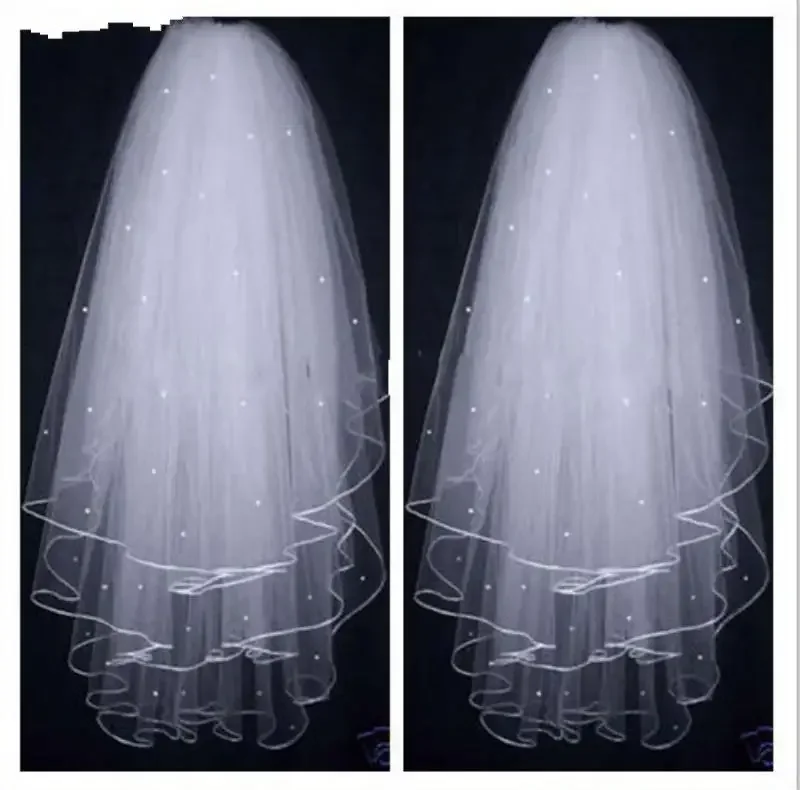 

High Quality Soft Illusion White/Ivory 3T Ribbon Edges with Pearls Bridal Wedding Veils