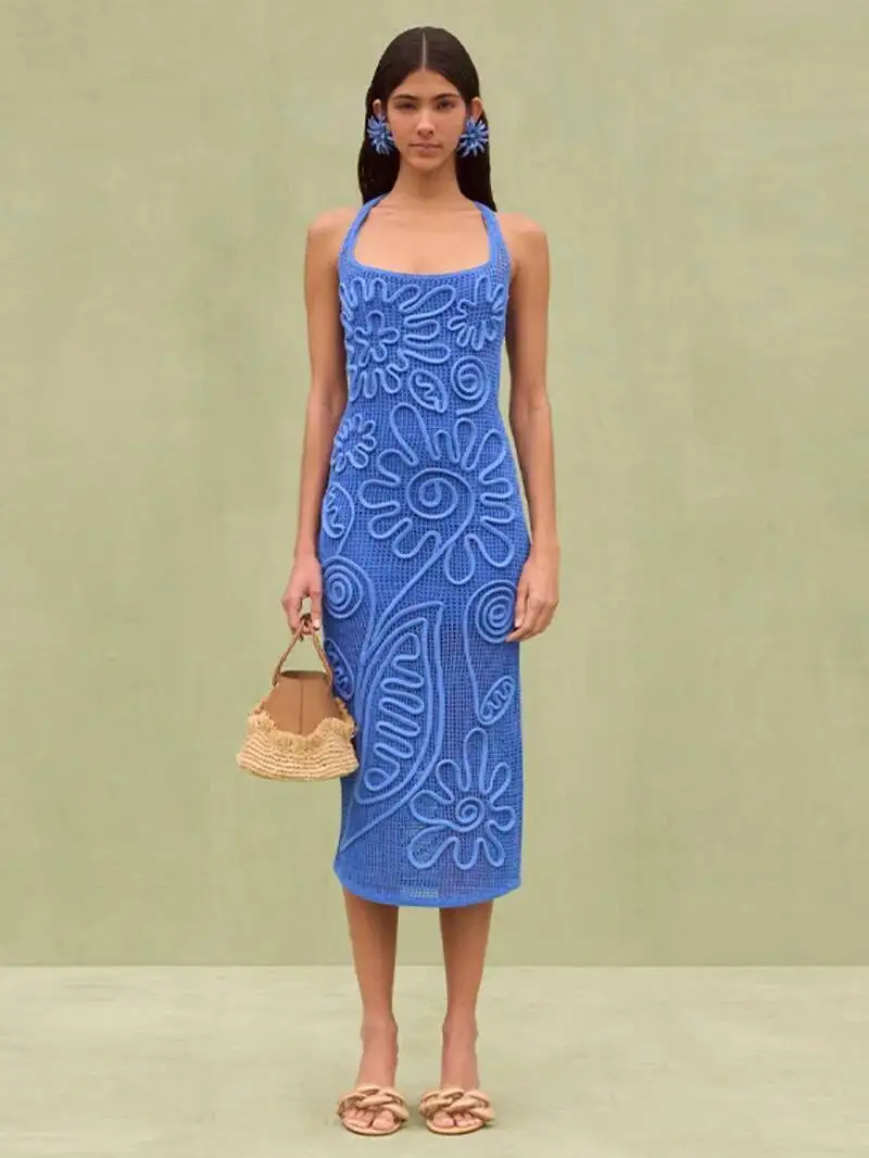 المرأة أنيقة محبوك فستان طويل الأزرق الفاخرة الحمالات أكمام عارية الذراعين مستقيم من خلال رداء جديد سيدة ملابس الحفلات 3YH3 #1