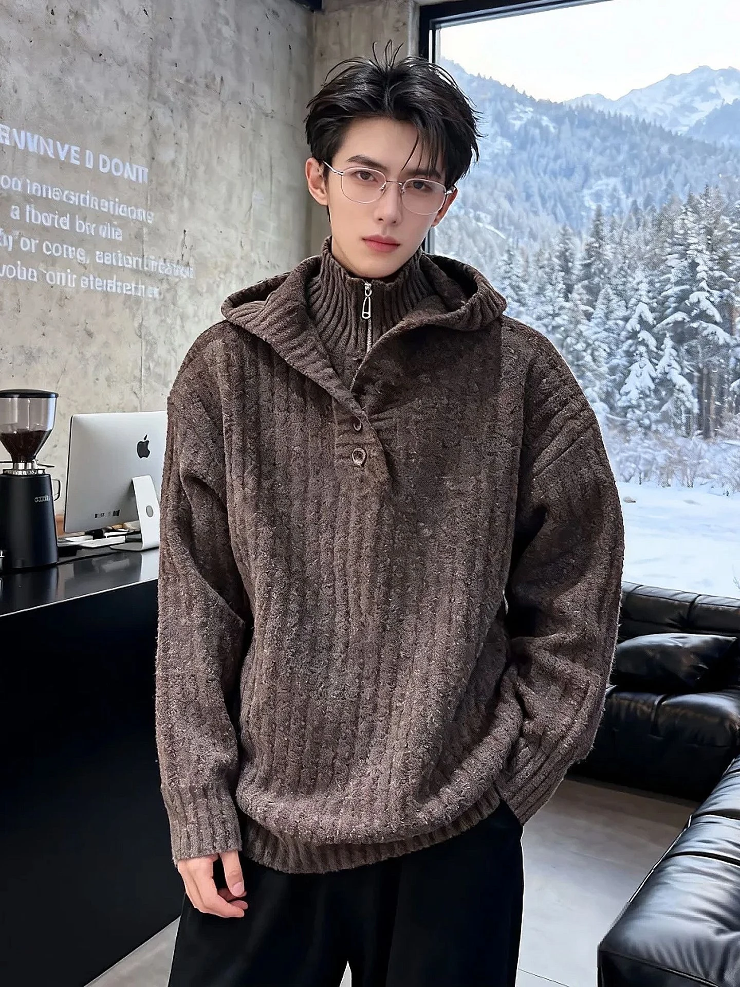 

Мужской вязаный свитер-худи с высоким воротником на молнии, зимняя повседневная одежда, вертикальные полосы, свободный крой, полиэстер