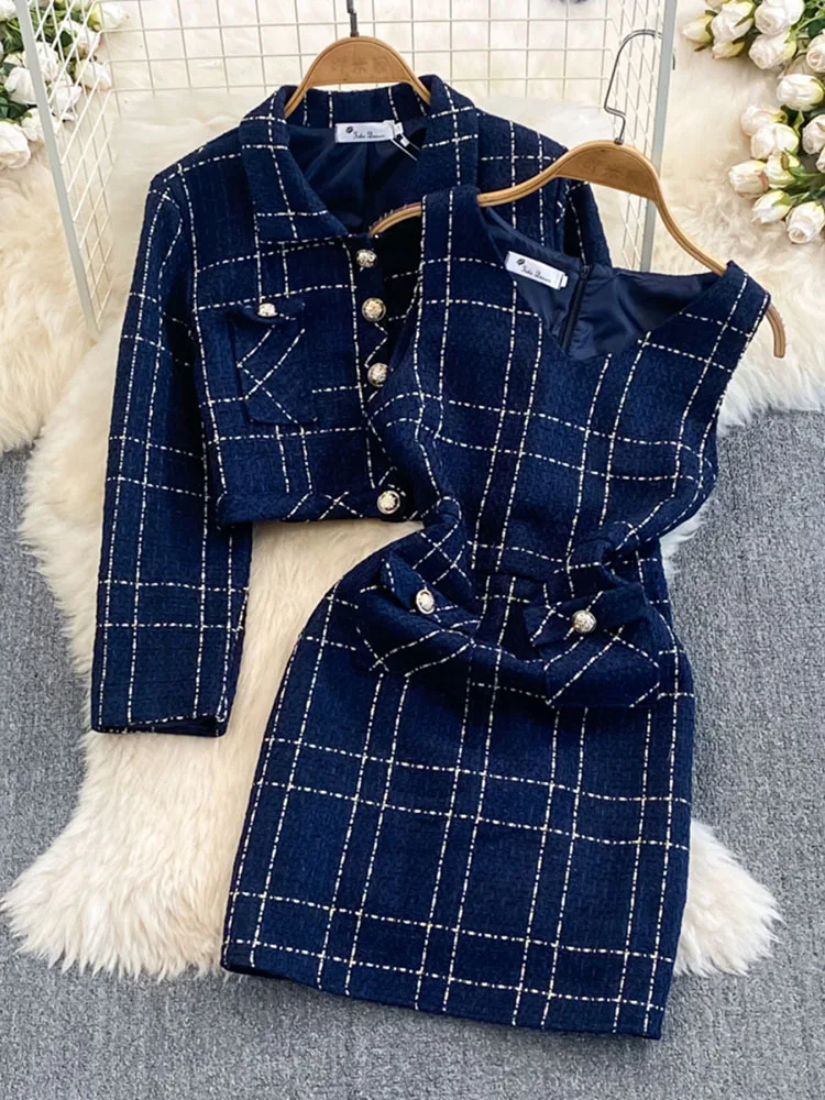 Autumn Dress Suit Women Luxury Korean Chic Blue Tweed Jacket + Vest Dress Elegant 2 Piece Set Long Sleeve Cropped Coat