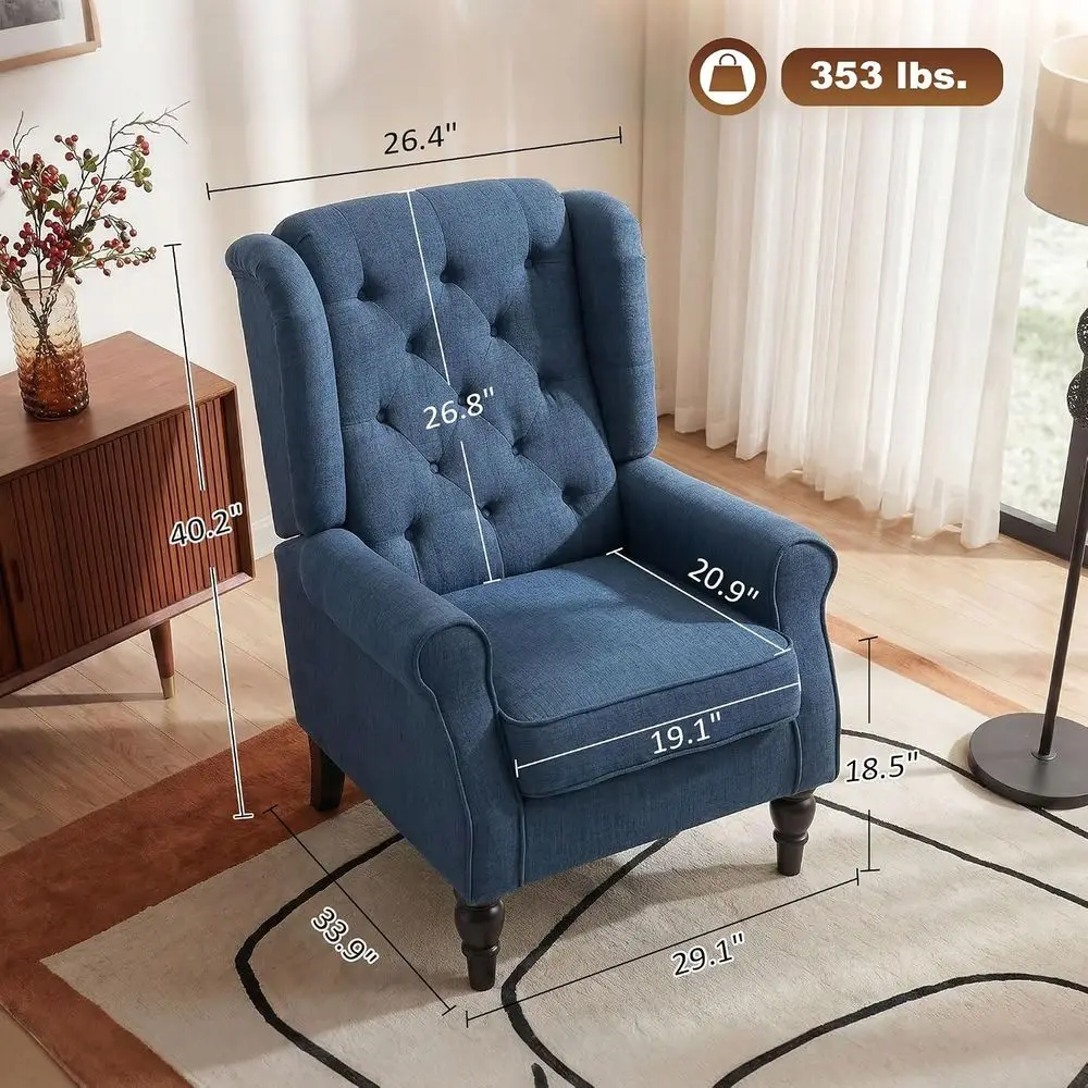 -Century ern Accent Chair, High Wingback Reading Chair, Blue | Button-Tuted, Upholstered abric, Retro Wood Legs, Aparent, Living