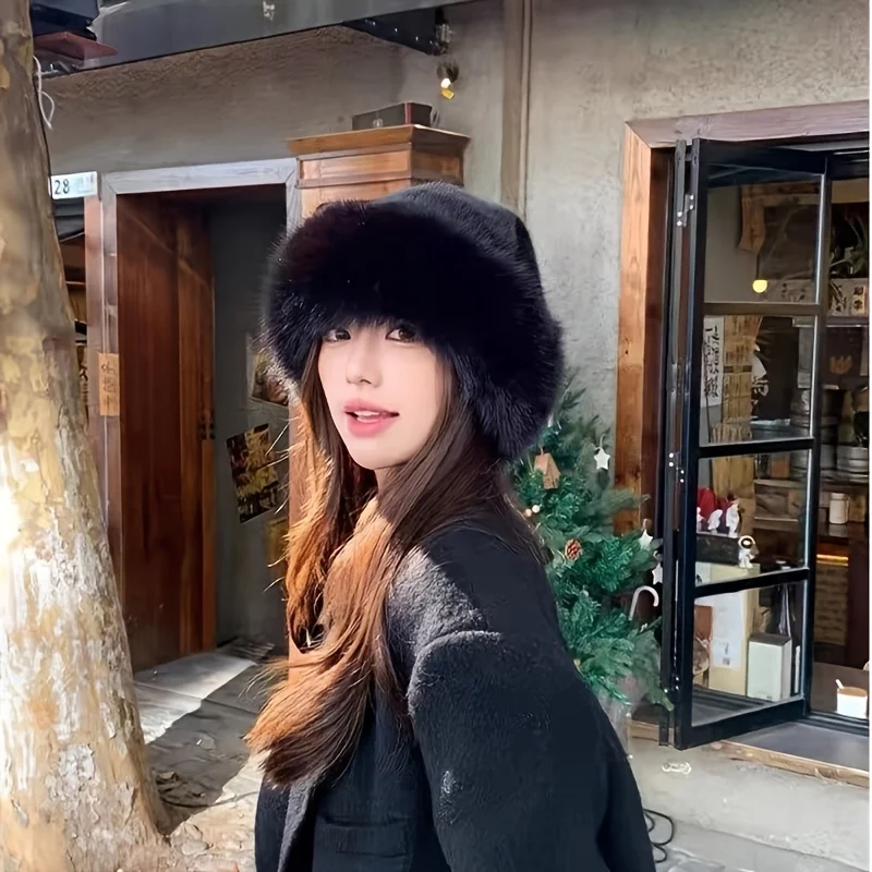Women's Plush Imitation Fur Winter Hat - Windproof, Cold proof, Breathable Fisherman's Bucket Hat, Elastic Fit, Autumn/Winter