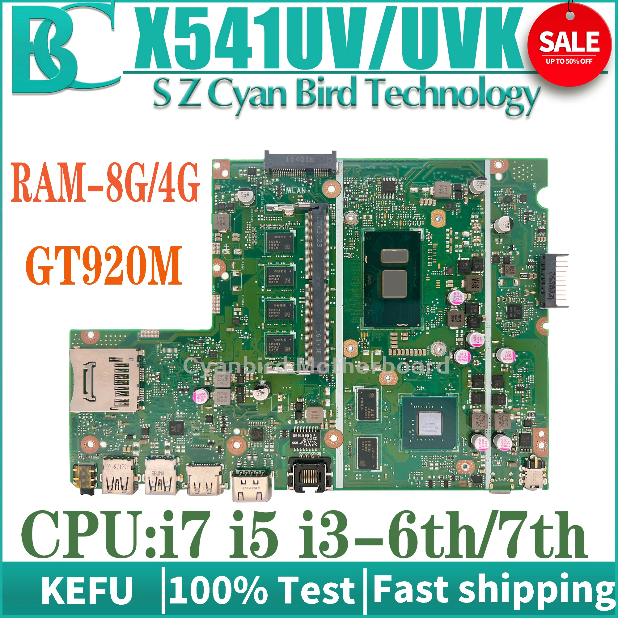 X541UV X541UVK Notebook Mainboard For ASUS K541U X541 X541U Laptop Motherboard i3 i5 i7-6th/7th CPU 4GB/8GB-RAM GT920M 100% Test