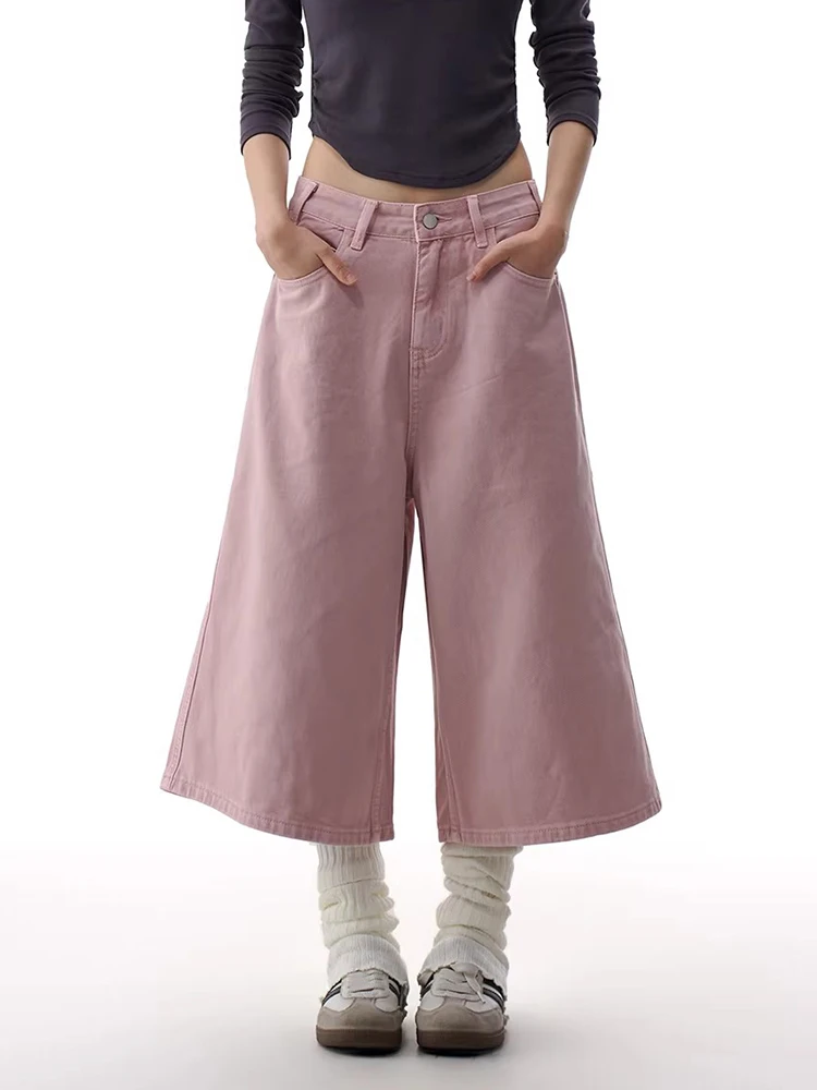 REDDACHiC Pink Cargo Jean Shorts Women Summer Jorts Cute Straight Wide Leg Low Waist Solid Casual Bermuda Pants Everyday Wear view 2