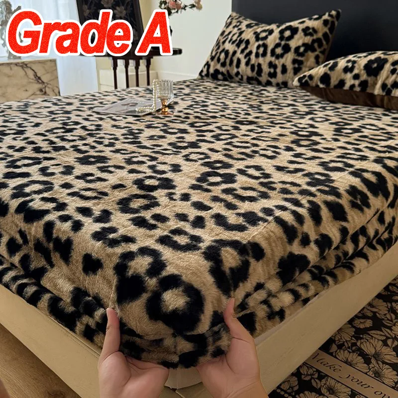 Grade A  Leopard Thickened Rabbit Fleece Mattress Cover Bed Fitted Sheet Autumn Winter Warm Bedsheet ‌Sábana bajera ajustable‌