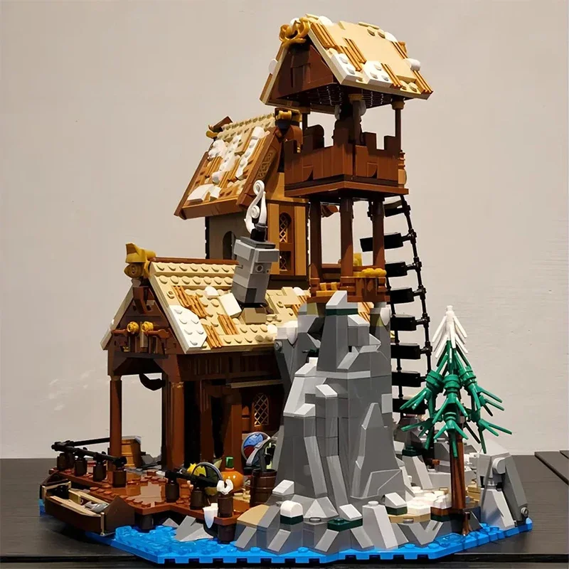 Viking Port House Model Building Blocks, Cena de Rua Medieval, Tijolos DIY, Brinquedos de Montagem, Presente de Natal para Crianças, MOC-185525, Novo