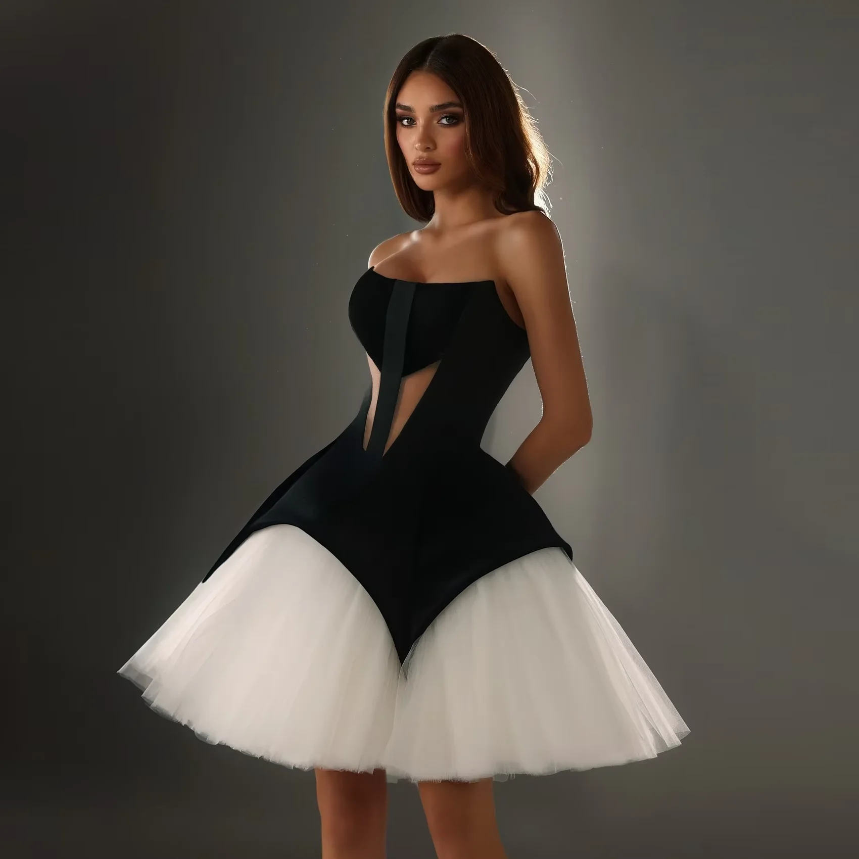 

Fashion Black Velvet Short Prom Party Dresses with White Tulle Skirt 2025 فساتين سهرة Cut-out 2 Colors Wedding Short Dress