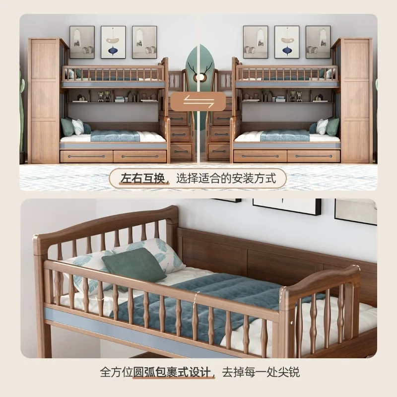 Łóżka piętrowe dziecięce z litego drewna, górne i dolne.