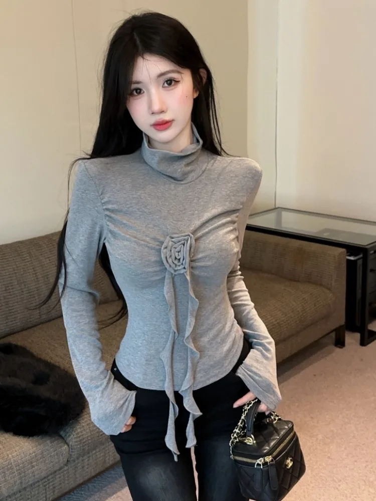 

Elegant Long Sleeve T-Shirt Women's High Collar Gathered Waist Floral Lace Hemline Korean Style Breathable Comfortable Top