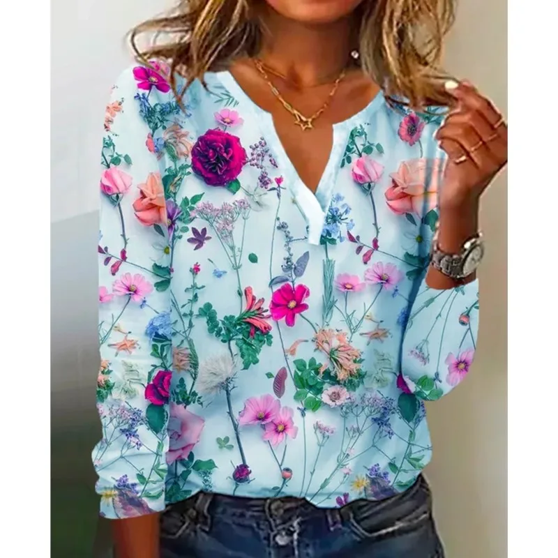 Vintage Flower Printed Long Sleeve T-shirt Autumn Women Loose Elegant Tops V-neck Office Lady Vacation Beach Casual Sweet Blouse