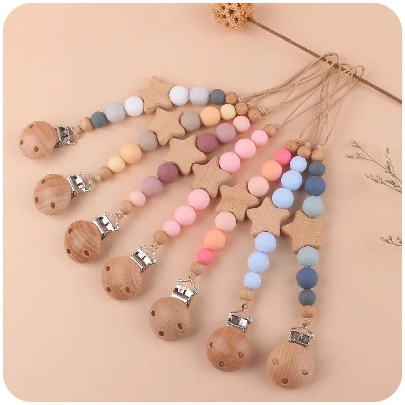 

New Baby Pacifier Chain Clips Wood Pentagram Teether Silicone Round Beads Teething Chain For Care Soother Chew Toys Shower Gift