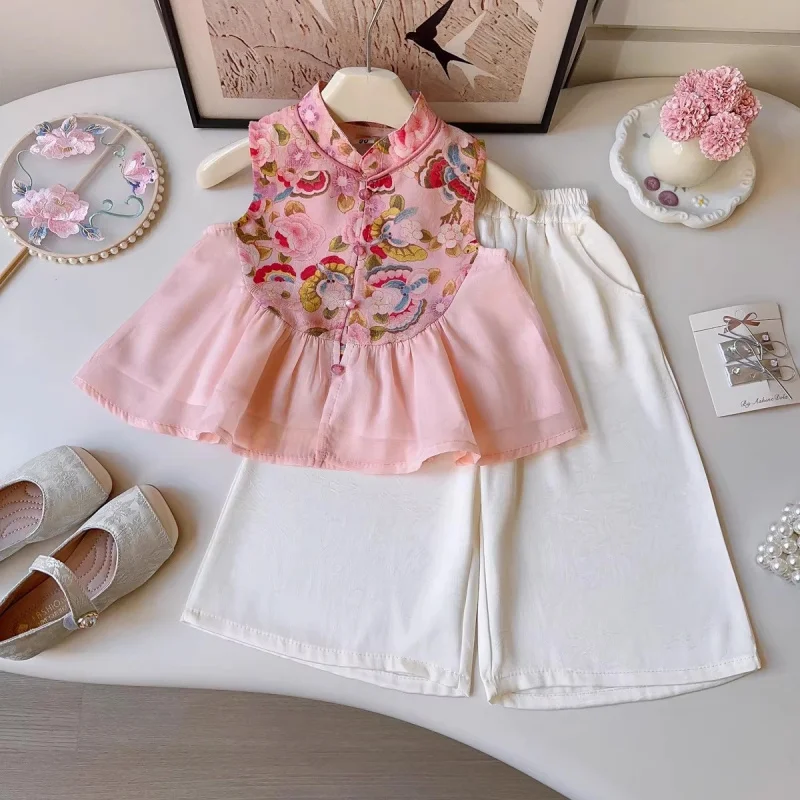 

Girls' Chinese-style outfit2026Summer New Style Chinese-Style Sleeveless Printed Top and Wide-Leg Pants Two-Piece Set for Baby G