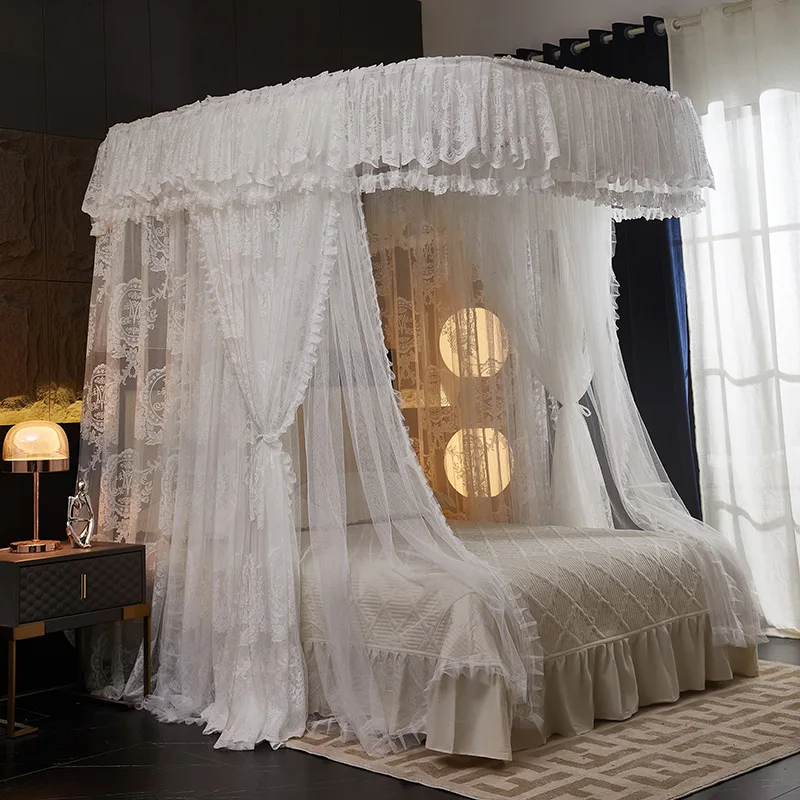 U Shape Rail Mosquito Net Double Layer Lace 3 Doors Floor Standing Princess Canopy
