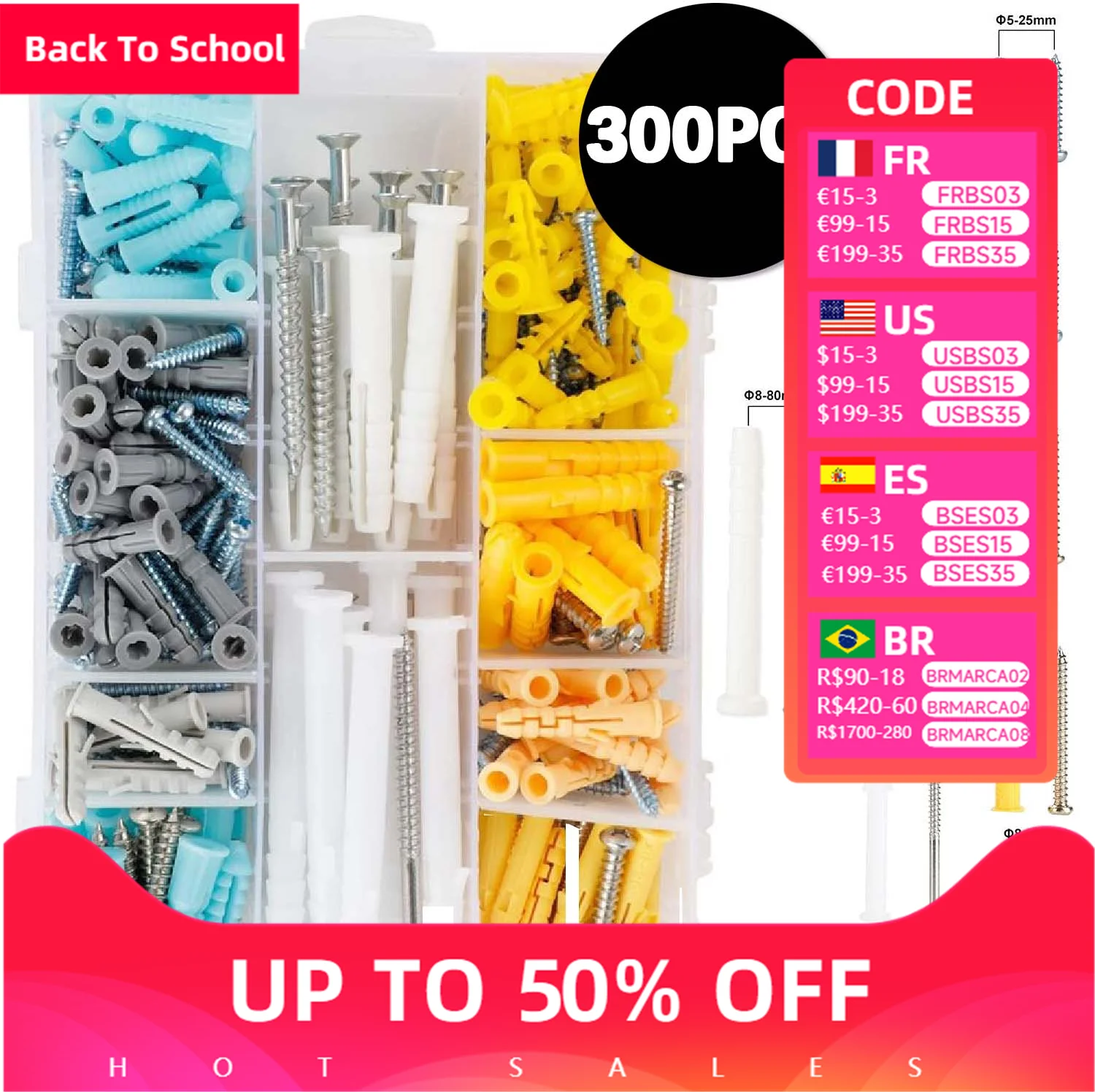 

300 шт., набор бытовых и винтов, пластиковые настенные анкеры и винты Philips с плоской головкой и настенные болты