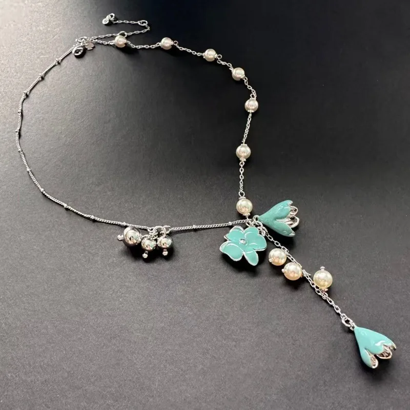 YEEVAA Enamel Tulip Flower Y Drop Necklace, Faux Pearl Plumeria Floral Tassel Chain Necklaces Gold Silver Jewelry for Women