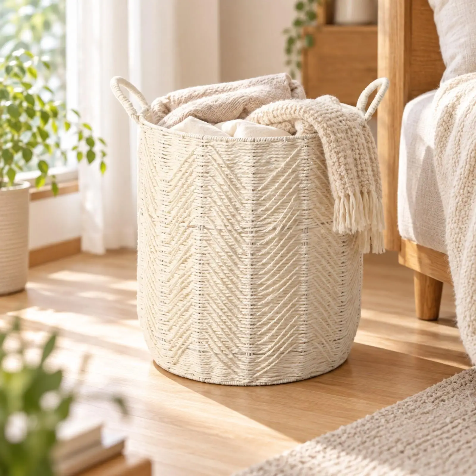 Large Handled Woven Rope Storage Bin for Clothes Toys Throws in Bedroom or Closet