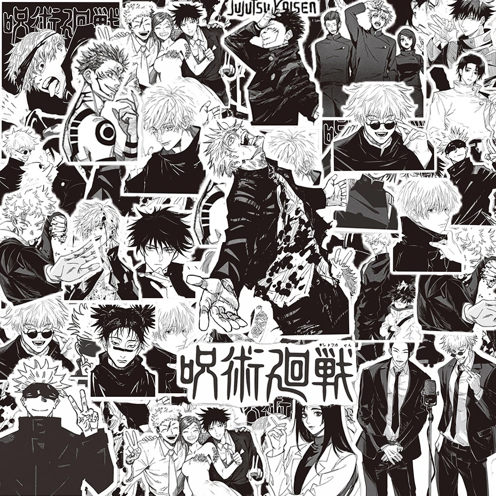 10/30/65 sztuk czarny biały Jujutsu Kaisen Anime naklejki dekoracje walizka Scrapbooking Laptop telefon artykuły papiernicze Manga naklejka dla dzieci