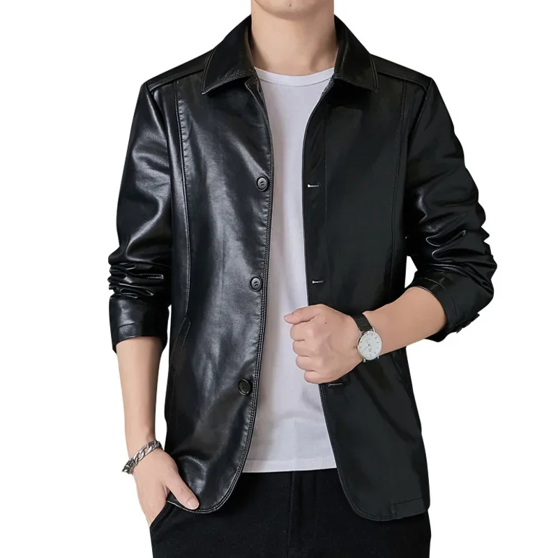 

Men 2020 Autumn New Motorcycle Causal PU Leather Warm Jacket Coat Men Spring Fashion Masculinas Middle-aged Jacket Overcoat Men