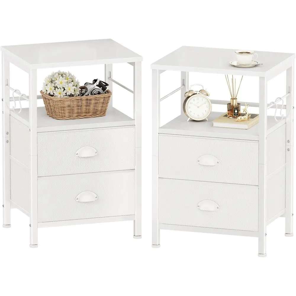 

Pair of Nightstands with Fabric Drawers and Hooks, Open Shelving, Suitable for Bedroom or Living Room, White