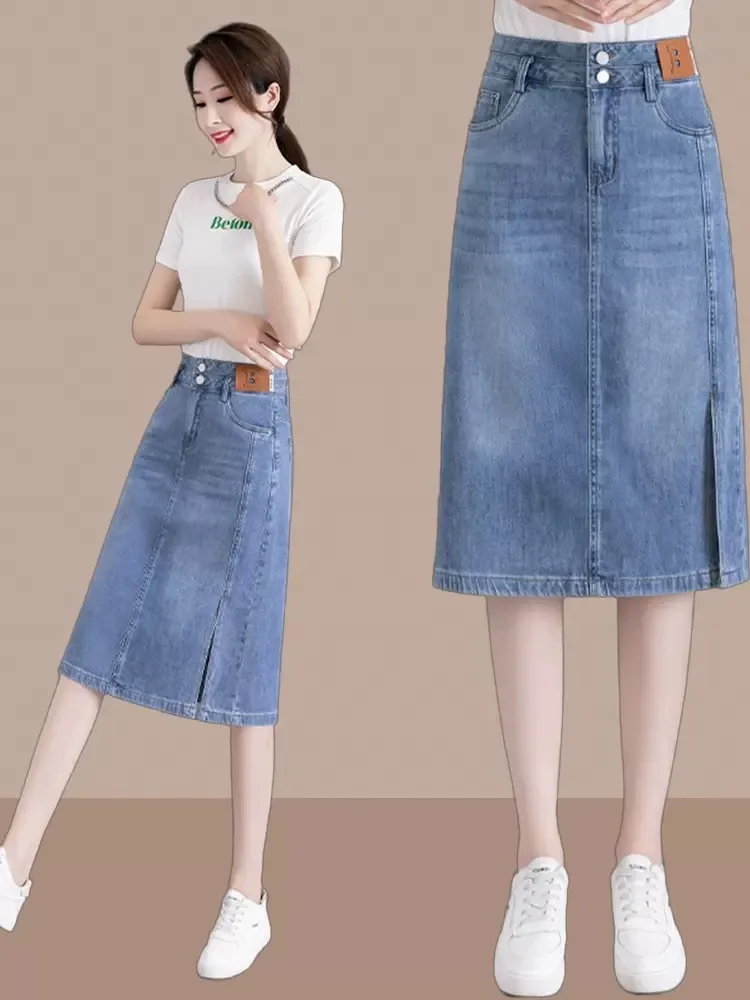 

High Waist Slimming A-Line Skirt with Slit for Women Mid-Length Denim Wrap around Skirt Fashionable Summer New Arrival