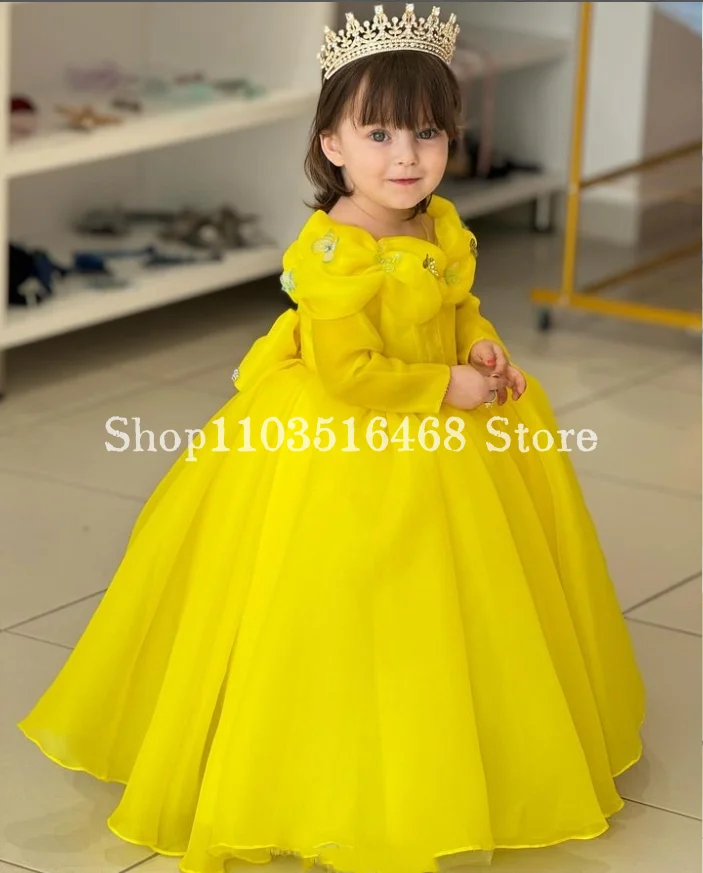 Cute Yellow Mini Princess quinceanera dresses Dreamy Long Sleeve Applique Pom Pom Flower Girl Dresses Vestidos De Gala