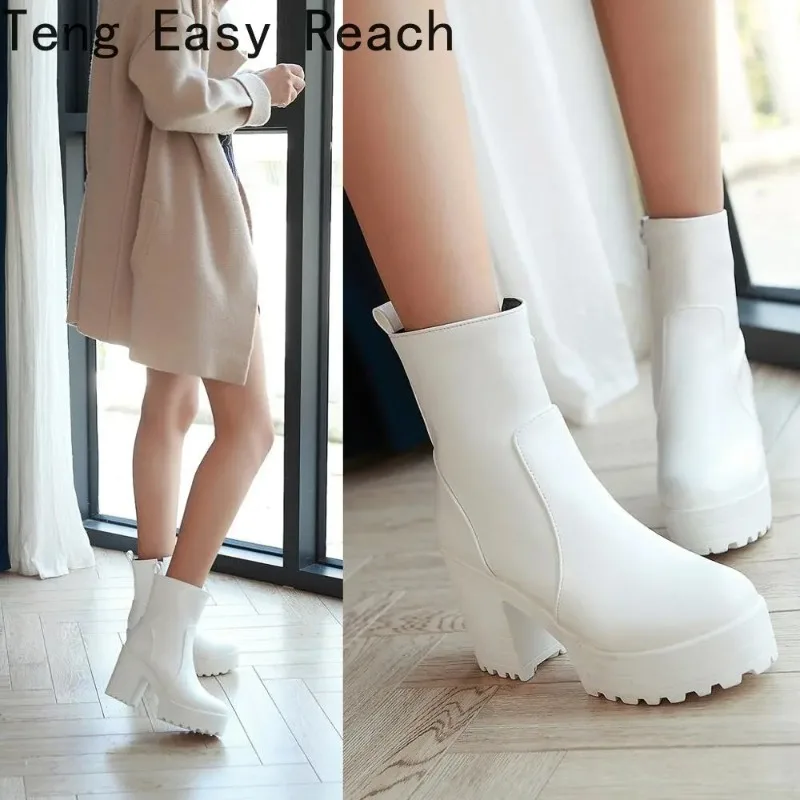2025 Women Ankle Boots Square High Heel Lace Up Round Head Women Platform Black White Ladies Motorcycle Boots Size 34-43