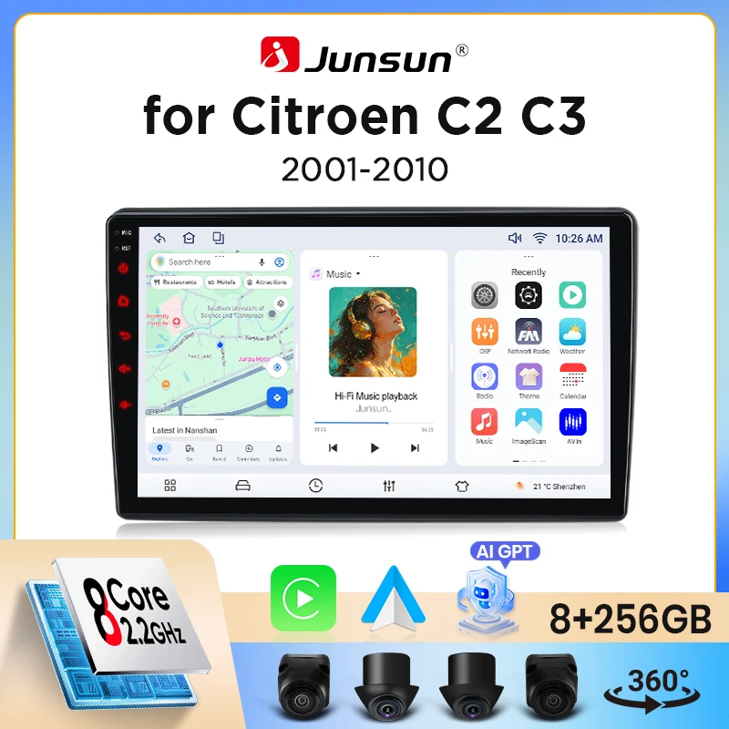 Autoradio sans fil Junsun CarPlay Android Auto pour Citroen C2 (JM) / C3 Mk1 (FC) 2002-2010 avec ventilateur de refroidissement intégré, navigation GPS Android, lecteur multimédia, WiFi, DSP, RDS, BT,