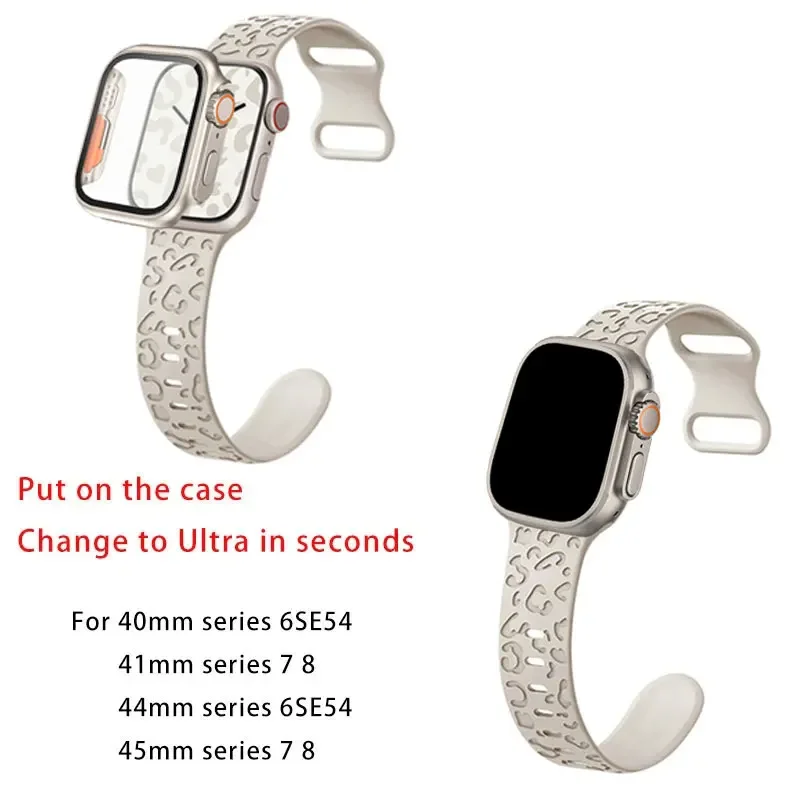 Case+Strap For Apple Watch Band 45mm 44mm 41mm 40mm 38 42mm Leopard Silicone Bracelet iWatch 3 4 5 6 Se 7 8 Change To Ultra Case