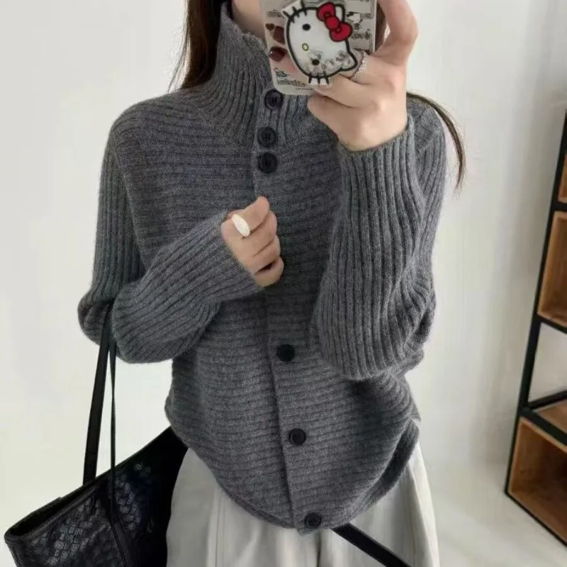 

Winter Fashion New Women's Elegant Knitted Cardigan Korean Style High-end Single Breasted High Neck Long Sleeved Jacket Jumper