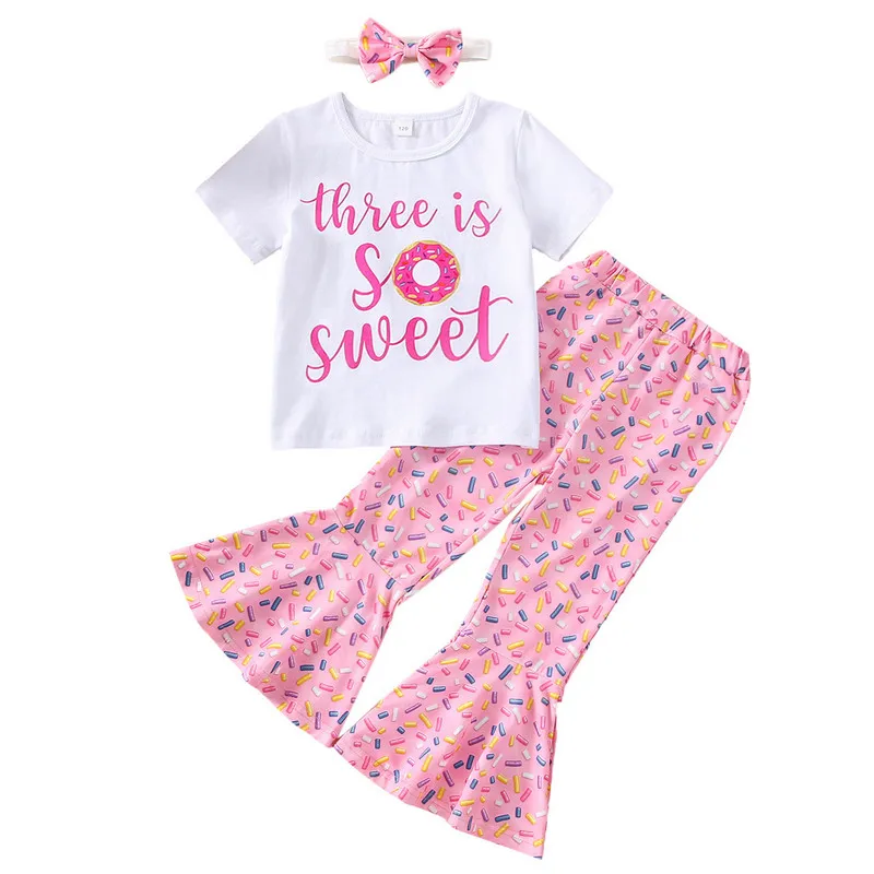 Kids Children Girls T-shirt Pant Set Summer Clothes 2023 Letter Doughnut Print Short Sleeve Tops Flare Pants Headband Outfit