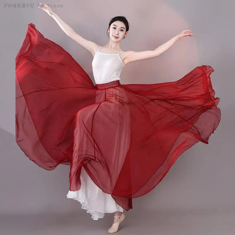 

720-градусная двойная шифоновая большая распашная юбка, классический танцевальный костюм, китайская этническая танцевальная тренировочная одежда, длинные юбки для выступлений на сцене