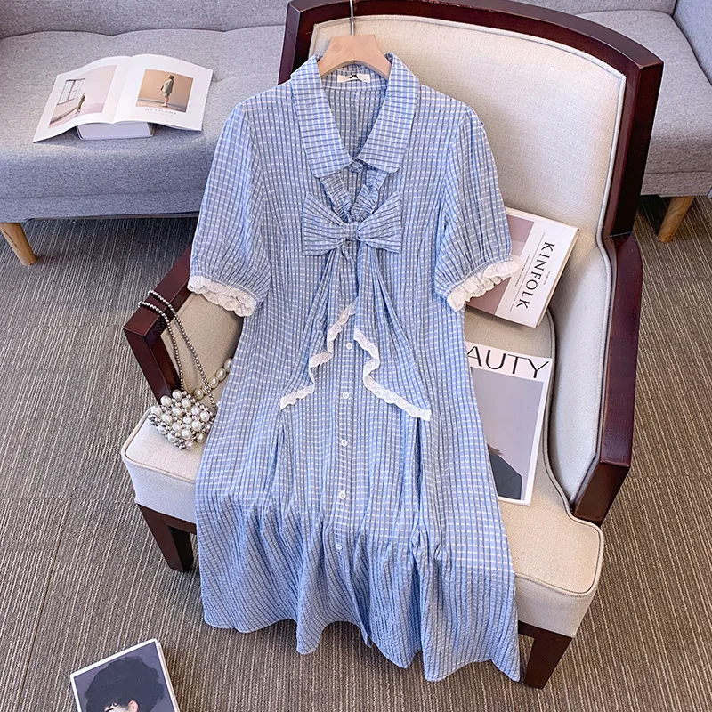 

150Kg Plus Size Women's Bust 155 Summer Loose Blue Plaid Short Sleeved Collar Dress 5XL 6XL 7XL 8XL 9XL