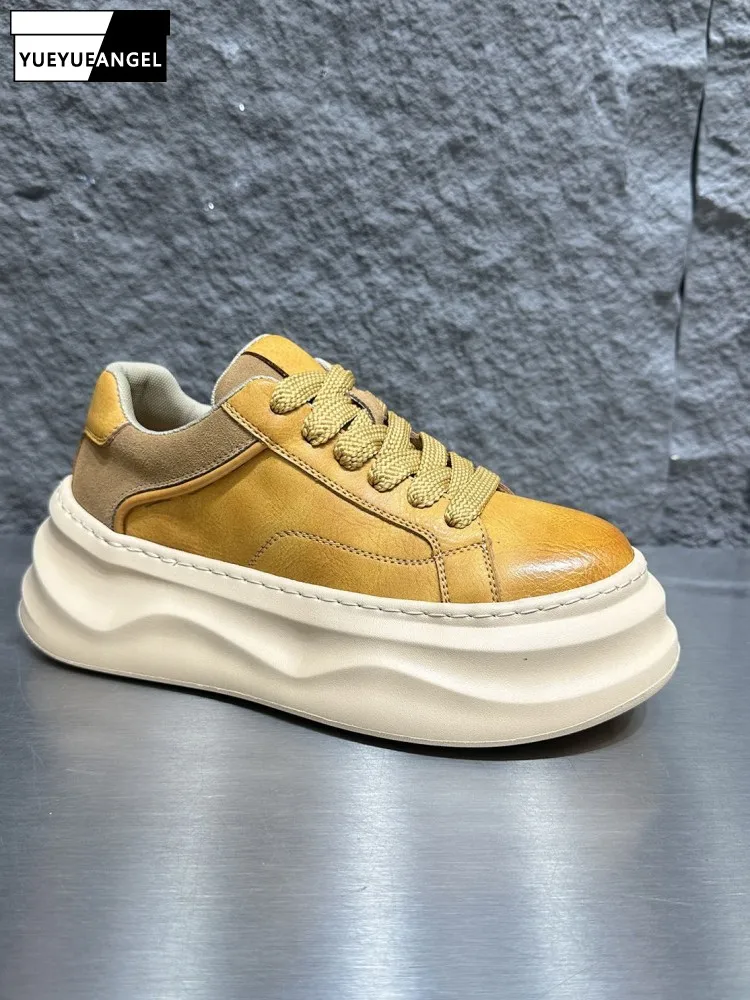 

Fashion Men Lace Up Split Leather Thick Platform Footwear Solid Color Spring New Shoes Male Increased Height Sneakers Hot Sale