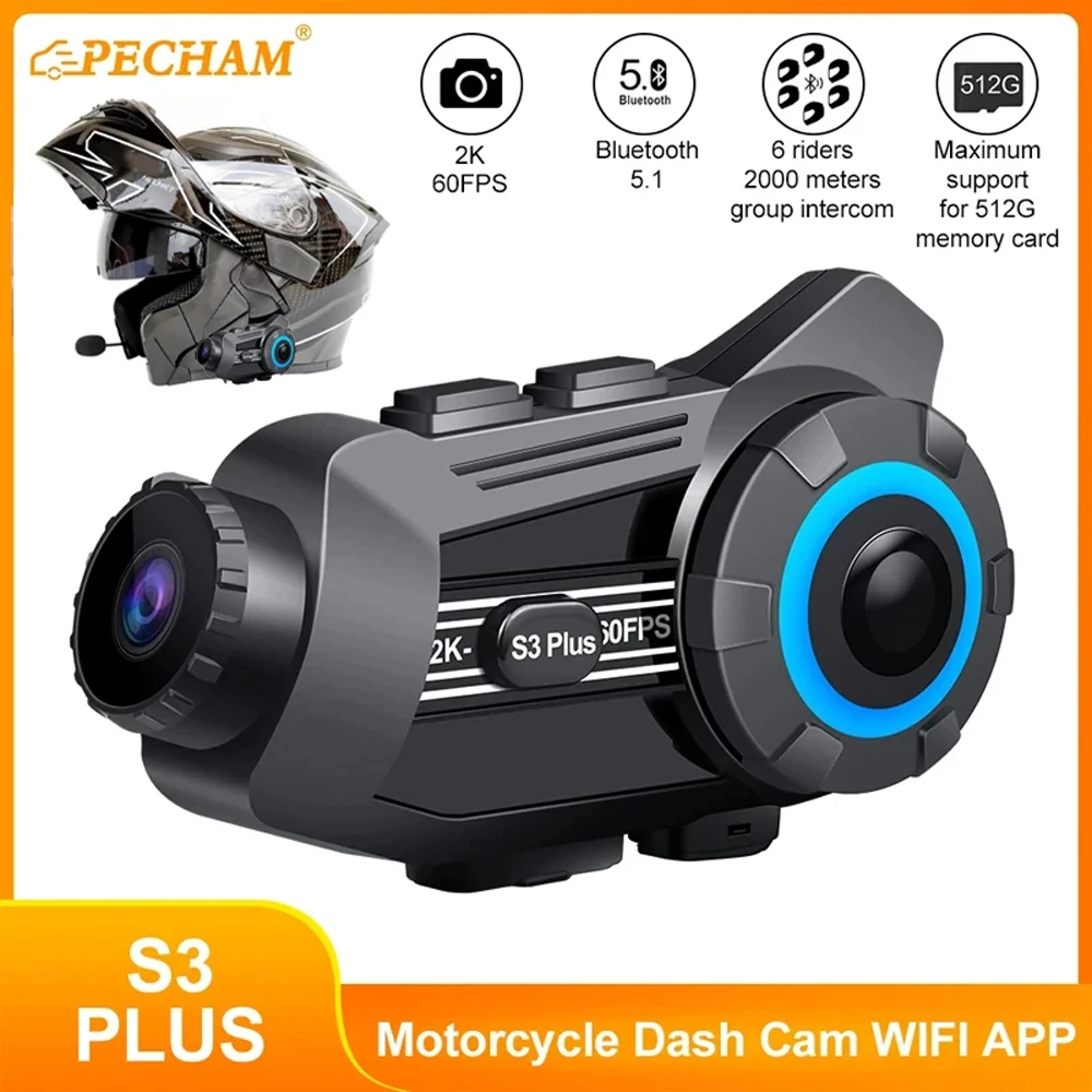 

S3PLUS Motorcycle Intercom Helmet Headset Bluetooth 5.1 Wireless Waterproof 6 Riders 1440P 2K Video WiFi Motorcycle Dash Cam DVR