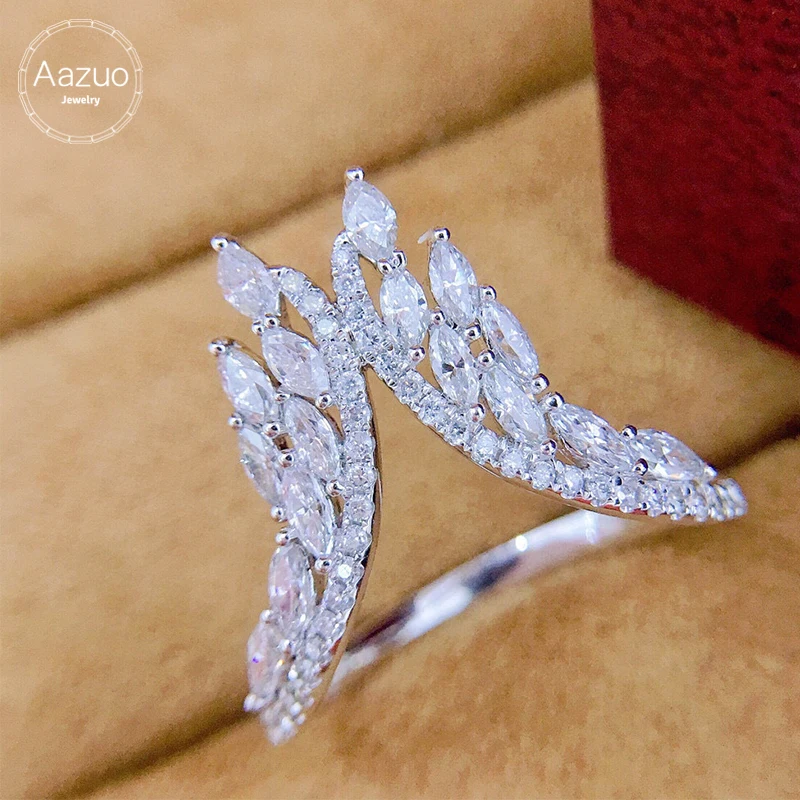 Aazuo 18K White Gold Real Diamonds 0.80ct Marquise Cut Luxury Irregularity Ring Gift For Women  Engagement Halo anillos mujer