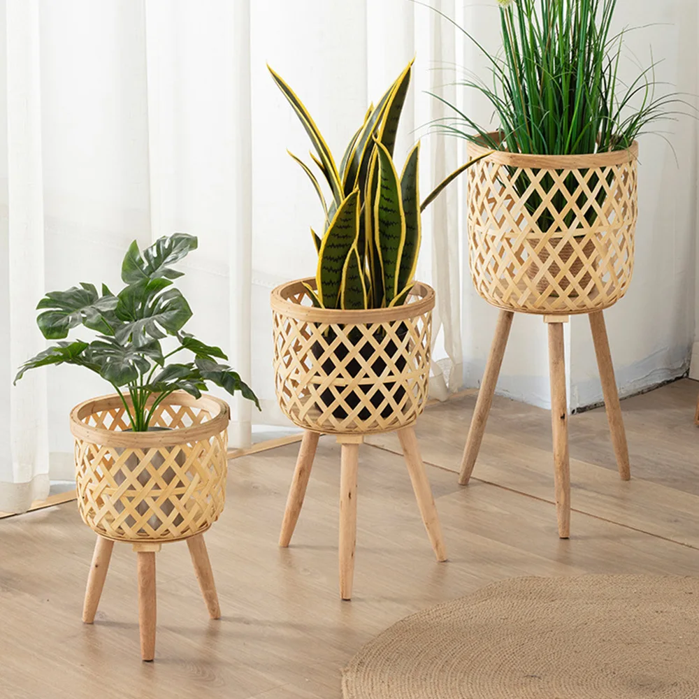 Handmade Bamboo Woven Flower Pot with Stand Plant Flower Display Storage Stand DIY Storage Nursery Pots Home Decoration