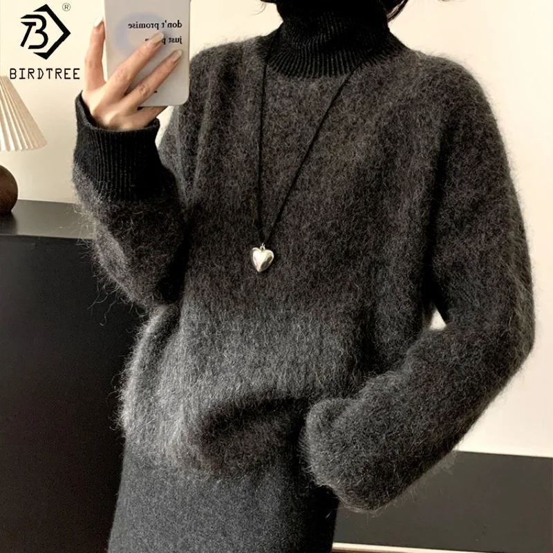 

Birdtree,69.7% Mohair Fluffing Knitted Sweater,Woman Turtleneck Full Sleeve Knitwear,2025 Autumn Winter Grey Pullover T59919JF